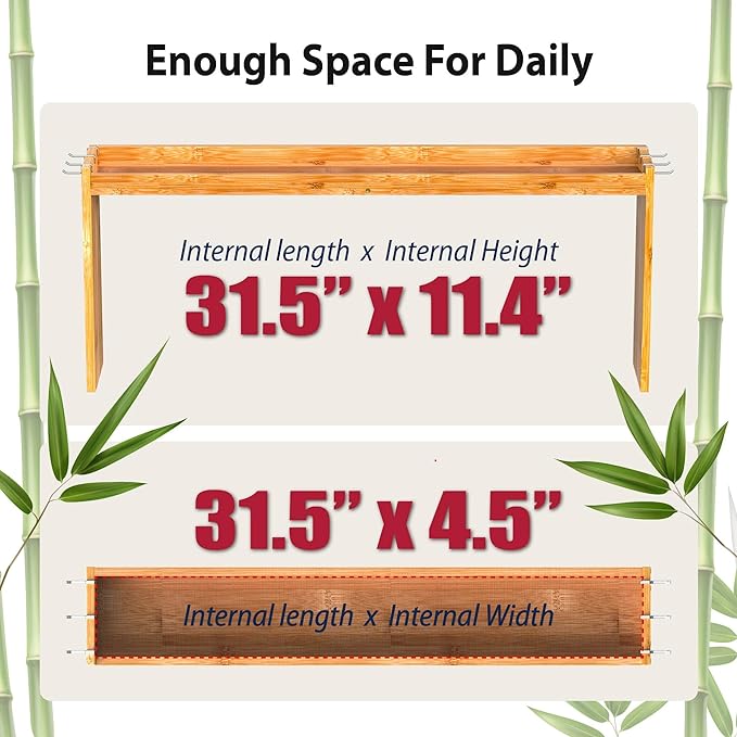 IIIOIIIA Bamboo Over The Stove Spice Shelf for Kitchen Storage, 31.5" Kitchen Spice Rack Organizer Stove Top Shelf with 6 Hooks, 11.4" Height Extra Storage Countertop, Easy to Assemble