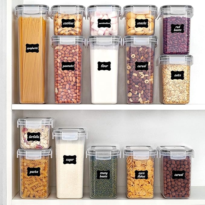 Airtight Food Storage Containers with Lids, Vtopmart 24 pcs Plastic Kitchen and Pantry Organization Canisters for Cereal, Dry Food, Flour and Sugar, BPA Free, Includes 24 Labels，Black-NeatNest