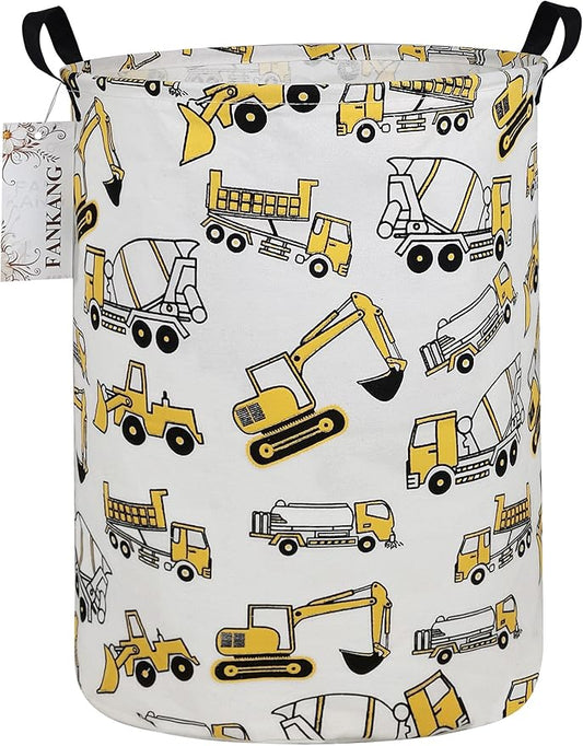 FANKANG Storage Basket, Nursery Hamper Canvas Laundry Basket Foldable with Waterproof PE Coating Large Storage Baskets for Kids Boys and Girls, Office, Bedroom, Clothes,Toys（excavator）