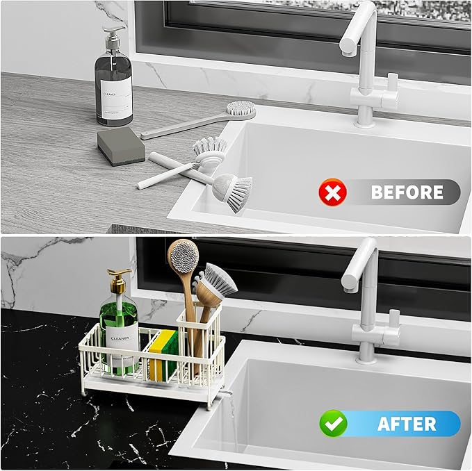Cisily Cream Sponge Holder for Kitchen Sink, Sink Caddy Organizer with High Brush Holder, Kitchen Countertop Organizers and Storage Essentials, Rustproof 304 Stainless Steel, Soap Dispenser Organize-NeatNest