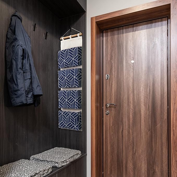 CROWNED 2Pcs Over Door Hanging Storage Bags Wall Mount Closet Organizer, 4 Big Pockets Linen Cotton Fabric Multi Functional Living Room Bedroom Bathroom File Magazine Waterproof Free Hooks Navy-NeatNest