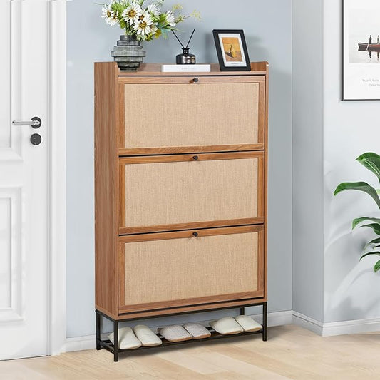 LEVNARY Shoe Storage Cabinet with 3 Flip Drawers, Freestanding Shoe Cabinet Storage Organizer for Entryway, Wooden Narrow Shoe Racks Cabinet with Metal Legs for Hallway (Walnut)-NeatNest