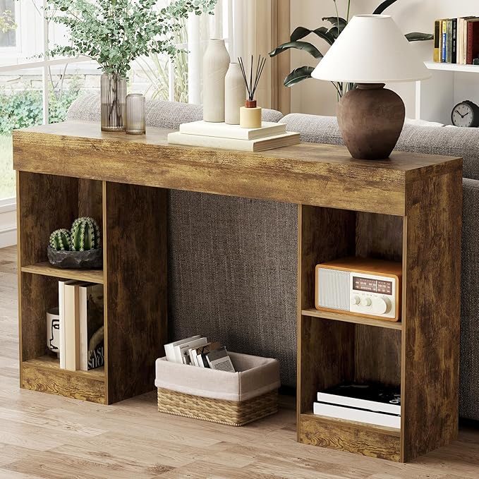 55 Inches Console Table,4 Cubes Narrow Entryway Table,3 Tier Wood Behind Couch Sofa Table,TV Console with Storage for Living Room,Hallway,Entrance,Foyer (Bright Brown)-NeatNest