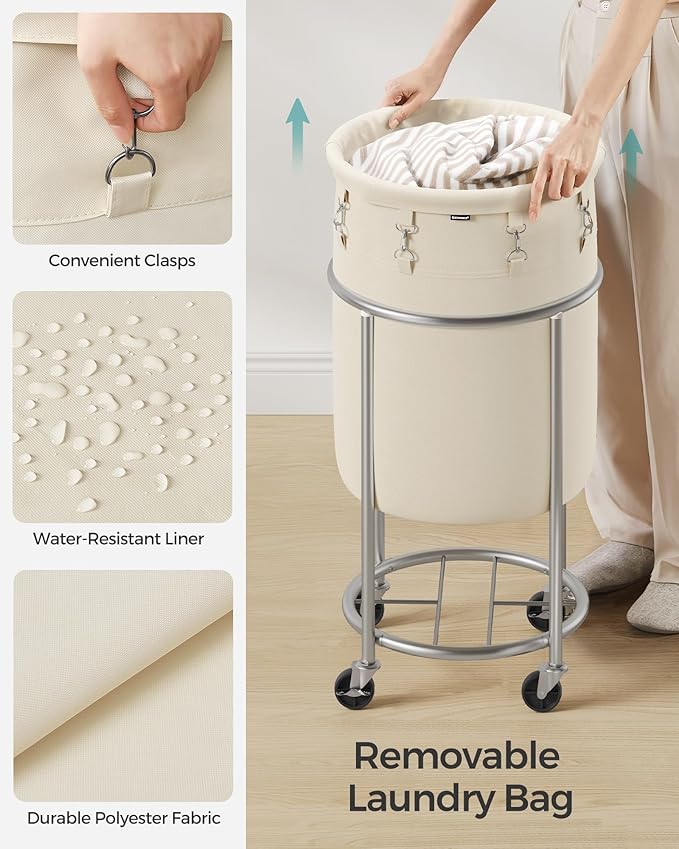 SONGMICS Laundry Basket with Wheels, Rolling Laundry Hamper, 18.5 Gal., Round Laundry Cart with Steel Frame and Removable Bag, 4 Casters and 2 Brakes, Cream and Silver URLS006W01