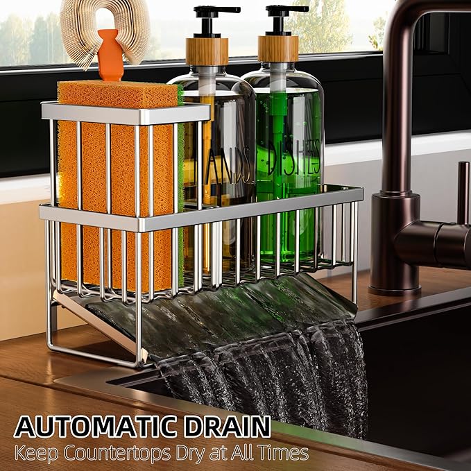 Cisily Kitchen Soap Dispenser Set with Pump, 16OZ Glass Bottle and Rustproof 304 Stainless Steel Sponge Holder, Hand and Dish Soap Dispenser Set for Kitchen Sink Organizer Decor-NeatNest