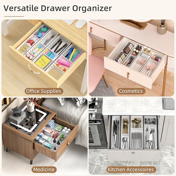 Desk Drawer Organizer Tray 4 PCS Plastic Office Drawer Organizer Bins Junk Organizer Divider with Non-Slip Silicone Pads, Makeup Vanity Organizer for Drawer, White-NeatNest
