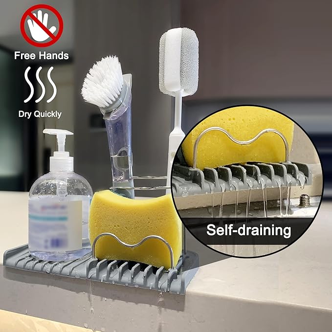Sponge holder for kitchen sink caddy accessories gadgets, dish soap brush holder for sink organizer, soap tray holder drainer rack for bathroom -Gray-NeatNest