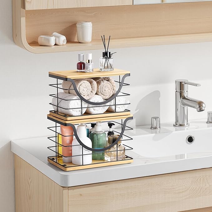 Extra Large Trash Bag Holder Stackable Kitchen Storage, 2 Pack Wall Mounted Pantry Organizers and Storage with Bamboo Top, Garbage Bag Dispenser Under Sink for Laundry Room and Kitchen-NeatNest