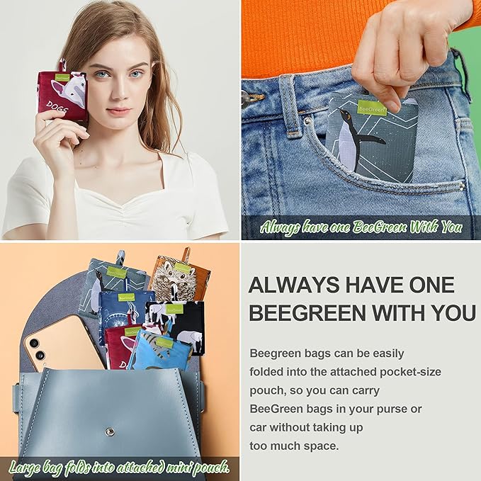 BeeGreen Heavy Duty Bulk Large Reusable Grocery Bags 6 Pack - Foldable Sturdy Recycled Cloth Animal Print Shopping Totes with Handles -Reusable Gifts Bags for Groceries, Travel, Storage & Women-NeatNest