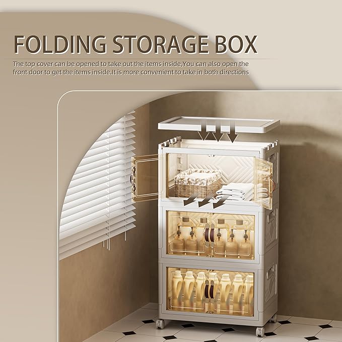 108 QT / 27 Gal Stackable Storage Bins (1 Lid) w/Wheels & Magnetic Doors, Collapsible Plastic Organizer Cabinet for Closet Office Garage - White Storage Containers-NeatNest