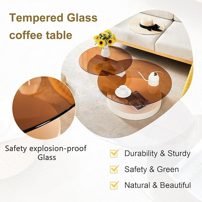 Glass Coffee Tables for Living Room Round Coffee Tables Modern Double Layer Round Table Circle Coffee Table for Small Space Home Office (42 Inch Amber Yellow Glass)