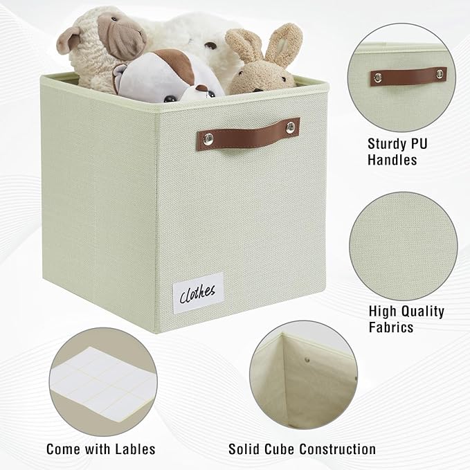Collapsible Fabric Storage Cube Bins with 2 Reinforced PU Handles, Foldable Storage Organizer Baskets for Closet, Shelves, Living Room | 11"x11"x11", 4 Pack, Sage Green-NeatNest