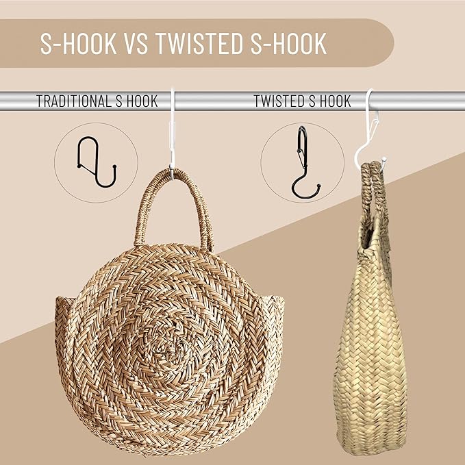 6 Purse Hanger for Closet. Tote Hanger. S-Shaped Hooks S Hooks Twist Design. Anti Drop S-Shaped Hook for Hanging Handbags with Safety Buckle to Prevent Falls. Heavy Duty. (White, Twisted)-NeatNest
