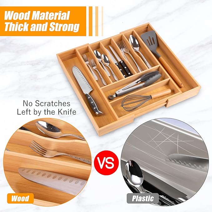 Bellsal Large Premium Bamboo Silverware Organizer - Expandable Utensil Drawer Organizer - 17"x19.6" Utensil Holder and Cutlery Tray with Grooved for Kitchen Flatware and Utensils Mother's Day Gift-NeatNest
