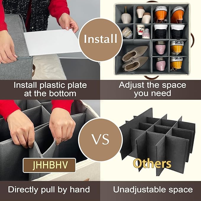 1 Pack Shoe Organizer for Closet, Adjustable Shoe Box Storage Containers, Large Foldable Shoe Bins with Clear Cover, Space Saving Shoes Holder with 4 Handles, Fits 8-16 Pairs, Beige-NeatNest