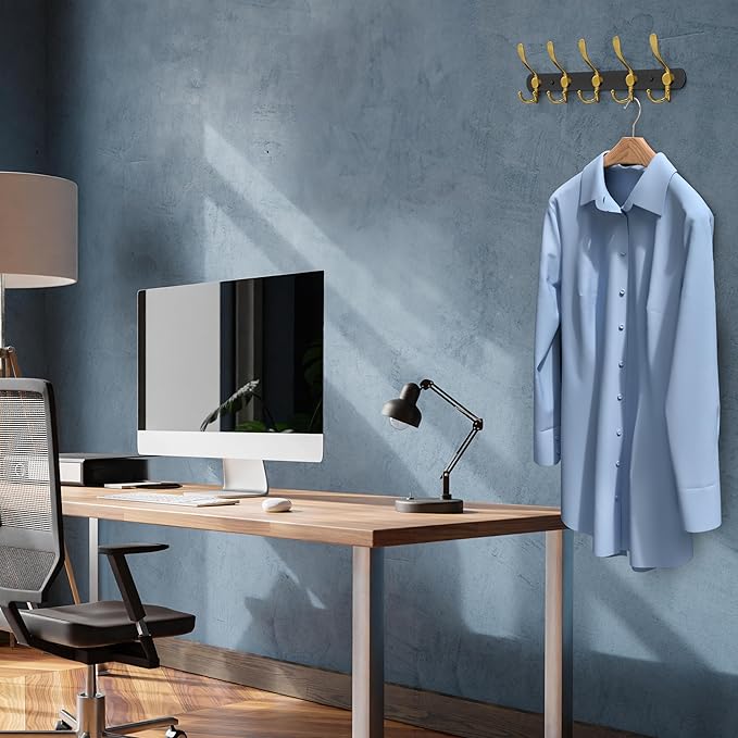 Coat Rack Wall Mount with 5 Tri Hooks, Stainless Steel 16 Inch – Black & Gold Matte Finish, Heavy Duty Wall Mounted Hook Rack for Coats, Hats, Towels, Scarfs, Robes, Bags, Entryway & Bathroom, 4 Pack-NeatNest