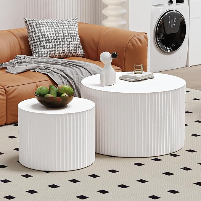 Round Nesting Coffee Table Wood Drum Nesting Tables Modern Stacking Coffee Table Set of 2 Fluted Center Table End Table for Living Room Home Office Small Spaces, No Assembling (Beige Large)