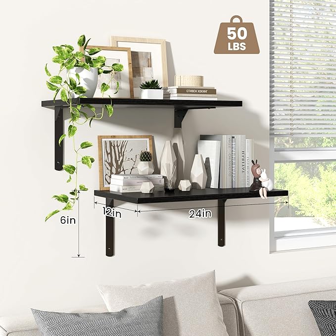 Fun Memories Floating Shelves for Wall, 12 Inch Deep Floating Shelves Set of 2, Wall Mounted Shelf with Metal Brackets, Rustic Wood Wide Shelf for Bathroom, Kitchen and Living Room, Black, 24W x 12D-NeatNest
