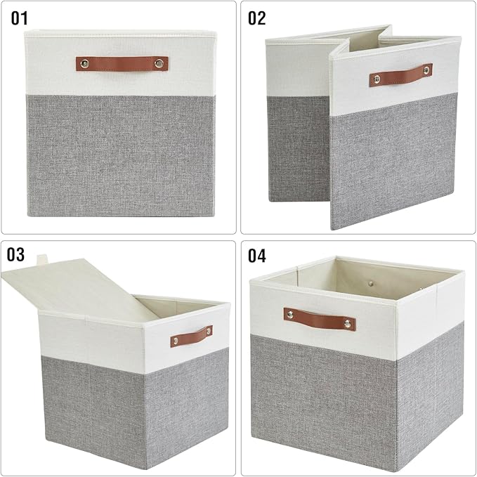 Collapsible Fabric Storage Cube Bins with 2 Reinforced PU Handles, Foldable Storage Organizer Baskets for Closet, Shelves, Living Room | 13"x13"x13", 4 Pack, Gray & White-NeatNest