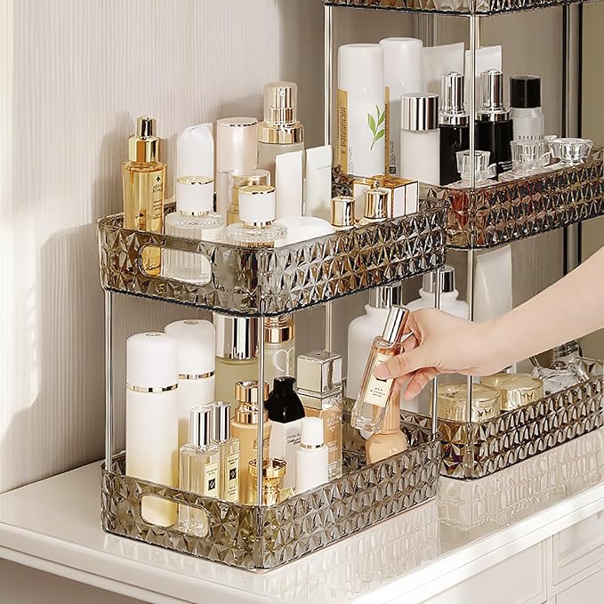Makeup Organizer for Vanity,Bathroom Countertop Skincare Organizer,Makeup Counter Shelf Perfume Holder Rack,Cosmetic Display Case(Clear Black, 2 Tier)-NeatNest