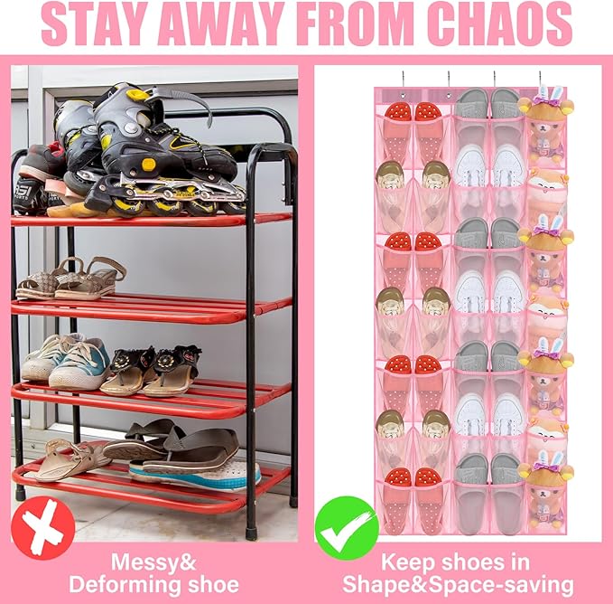 Windyun 2 Pcs 70 Large over The Door Shoe Organizer Hanging Shoe Rack for Closet Holder Pink Mesh Pockets Back to School Behind Door Hanger Storage Nonslip for Home Room School Dorm, Each 35 Pockets-NeatNest