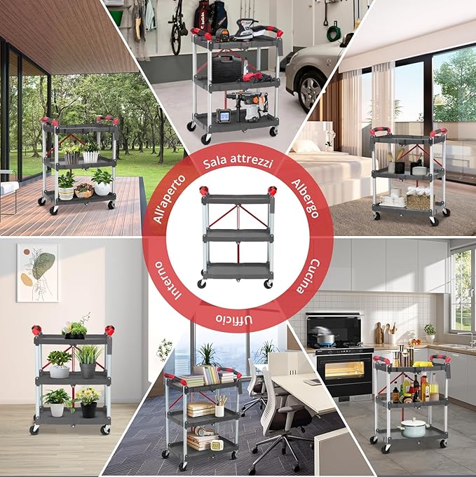 3-Tier Foldable Utility Service Cart, 167Lbs Heavy Duty Collapsible Service Rolling Cart with 2X360° Swivel Lockable Wheels,Portable Tool Cart for Kitchen Office Restaurant Garage Salon