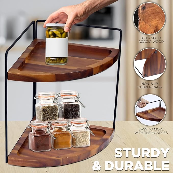 Bathroom Corner Counter Organizer 13.2x9.9 inch, 2 Tier Acacia Wood Organizer Countertop, Corner Storage Shelf Standing Rack, Cosmetic Vanity Tray Kitchen Spice Rack, Bathroom Storage Décor-NeatNest