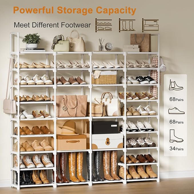 WOWLIVE 4 Row 10 Tiers Extra Large Shoe Rack 72-80 Pairs Big Tall Metal Shoe Shelf, Heavy Duty Organizer for Closet Entryway, Boot Rack Storage Stackable Stand for Garage White-NeatNest