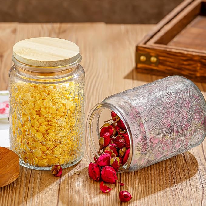 2 Pack Glass Storage Jar with Bamboo Lid, 23.7 FL Oz Kitchen Glass Food Storage Containers for Candy, Coffee Tea Beans, Oats,Flour, Grains