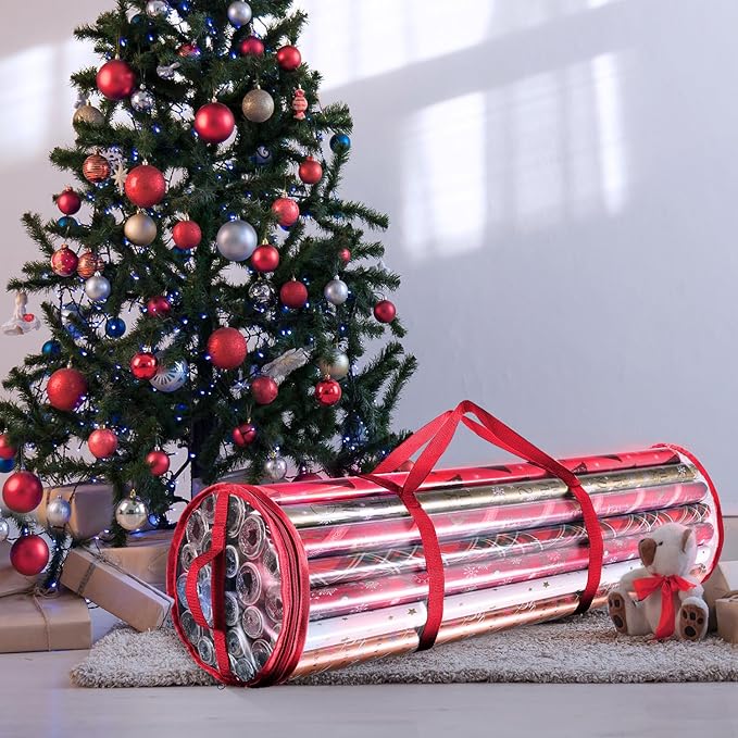 Hearth & Harbor Wrapping Paper Storage Container - Clear Wrapping Paper Holder Fits Up To 14 Rolls of 40" - Tear Proof Gift Wrap Organizer - Premium Bag for Easy Carrying, Red-NeatNest