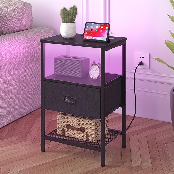 Sthmec Nightstands Set of 2, LED Bedside Tables with Charging Station and Fabric Drawer, Night Stand with Storage, 3 Tier Side Table with Open Shelf, LED Nightstand with Charging Station, Black