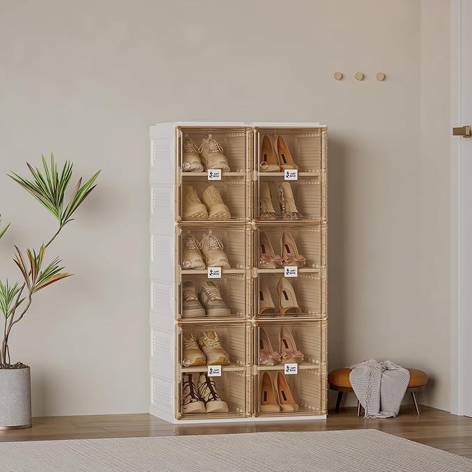 ANTBOX Shoe Organizer Storage Box, Portable Folding Shoe Rack For Closet With Magnetic Clear Door,Large Sneaker Cabinet Bins Sturdy Easy Assembly 6 Layers-12 Grids-NeatNest