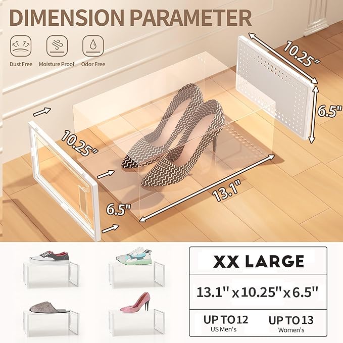 12 Pack XX Large Shoe Organizer Storage Boxes for Closet, Modular Space Saving Shoe Boxes Clear Plastic Stackable Sneaker Containers Display Case with Lids, Pearl White-NeatNest