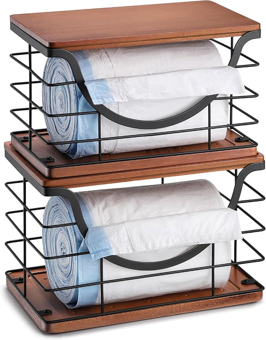 Extra Large Trash Bag Holder Stackable Kitchen Storage, 2 Pack Wall Mounted Pantry Organizers and Storage with Bamboo Top, Garbage Bag Dispenser Under Sink for Laundry Room and Kitchen-NeatNest