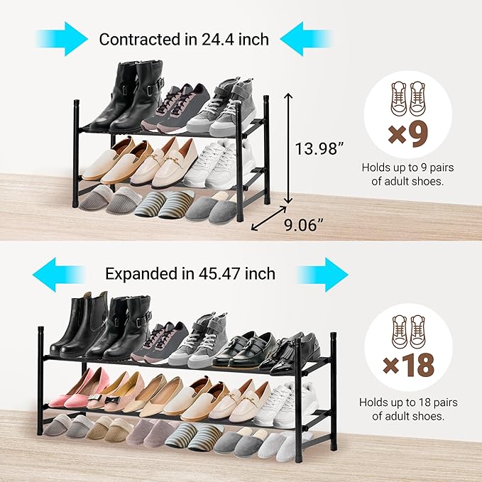ikloo 2-tier Shoe Rack for Closet and Entryway | Expandable and Stackable Shoes Organizer for Small Spaces | Adjustable Metal Shoe Shelf for Shoe Storage | Fit Up to 18 Pairs of Shoes | Black-NeatNest