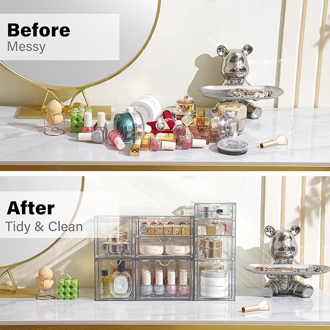 Prsildan Acrylic Drawer Makeup Organizer with 9 Drawers, Set of 3 Office Desk Organizers Accessories, Clear Stackable Storage Drawers for Vanity, Countertop, Craft, Jewelry, Art Supply Organization-NeatNest
