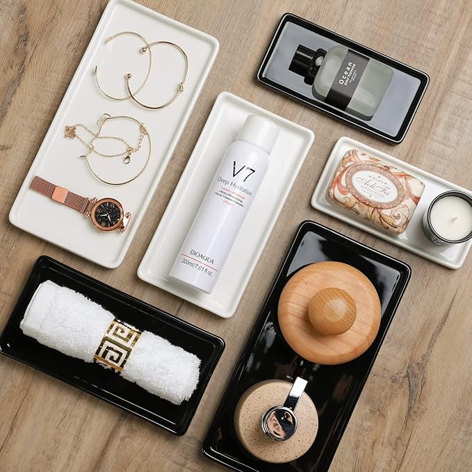 Gurygo 2 Pack 10" Bathroom Tray, Ceramic Vanity Trays for Bathroom, Small Ceramic Trays, Kitchen Soap Tray for Kitchen Counter (White, 10",Set/2)-NeatNest