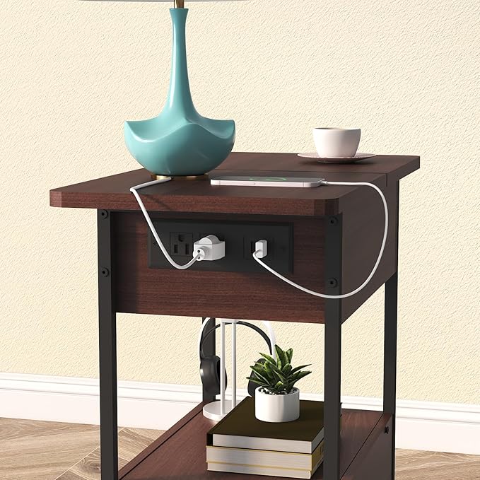 SOOWERY End Table with Charging Station, Narrow Side Table with Flip Top Cabinet and Fabric Drawer, Nightstand Bedside Tables for Small Spaces, Bedroom, Living Room, Dark Cherry
