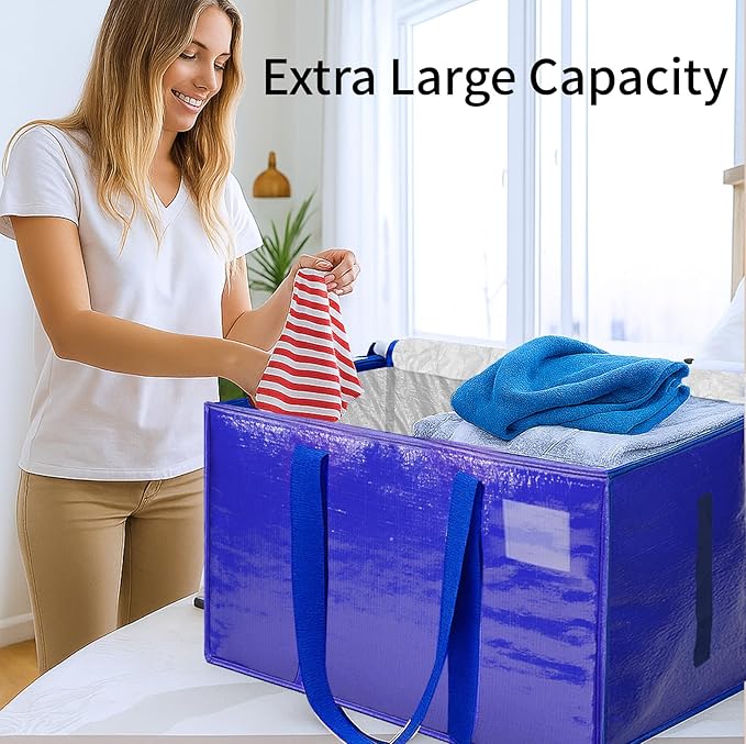 Extra Large Heavy Duty Moving Bags - Waterproof Storage Totes with Reinforced Handles & Zippers, Foldable for College Dorm Essentials, Clothes Storage & Travel (8-Pack Blue)