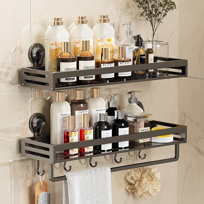 Shower Caddy Suction Cup, 11.8 inch 2 Pack Suction Shower Shelf with Hooks NO-Drilling Bathroom Holder, Rustproof Bathroom Organizer, Dark Grey