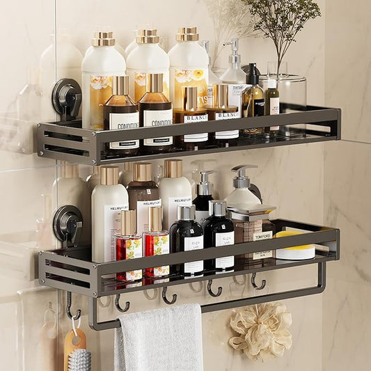 Shower Caddy Suction Cup, 11.8 inch 2 Pack Suction Shower Shelf with Hooks NO-Drilling Bathroom Holder, Rustproof Bathroom Organizer, Dark Grey