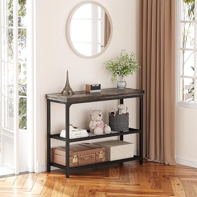 32" Small Console Table, 3-Tier Entryway Table, Sofa Table with Mesh Shelves, Console Tables for Living Room, Bedroom, Hallway, Entryway, Foyer, Grey-NeatNest