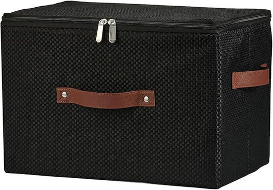 Storage Bins with Lid Fabric Storage Box Basket PU Leather Handle Textured Woven Cotton Linen Decorative Foldable Washable Shelf Closet Organizer Container (Zipper Lid, Black, Large)-NeatNest