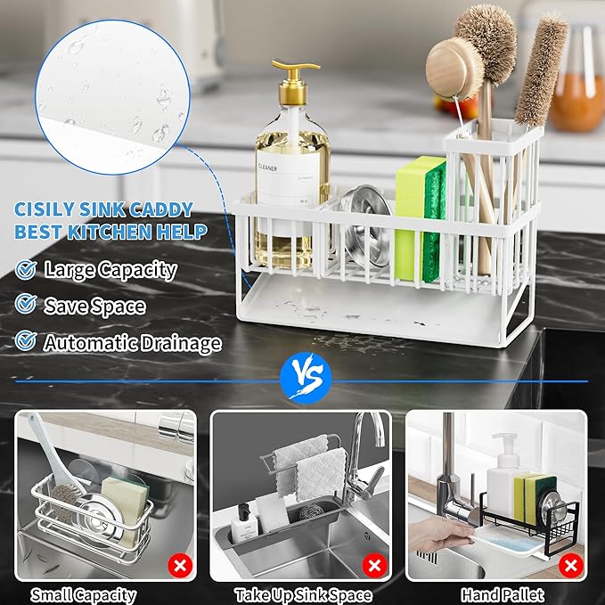 Cisily Sink Caddy Sponge Holder for Kitchen Sink, 304 Stainless Steel Rustproof, Kitchen Sink Caddy with High Brush Holder, Kitchen Sink Organzier Dish Sponge Organizer with Divider(White)-NeatNest