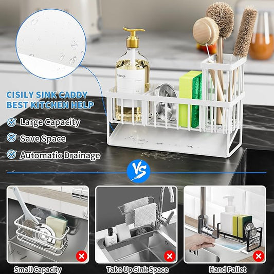 Cisily Sink Caddy Sponge Holder for Kitchen Sink, 304 Stainless Steel Rustproof, Kitchen Sink Caddy with High Brush Holder, Kitchen Sink Organzier Dish Sponge Organizer with Divider(White)-NeatNest