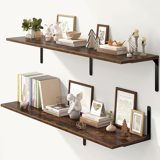 Floating Shelves for Wall, 12 Inch Deep Floating Shelves Set of 2, Wall Mounted Shelf with Metal Brackets, Rustic Wood Wall Shelf for Bathroom, Kitchen and Living Room, Rustic Brown, 55W x 12D-NeatNest