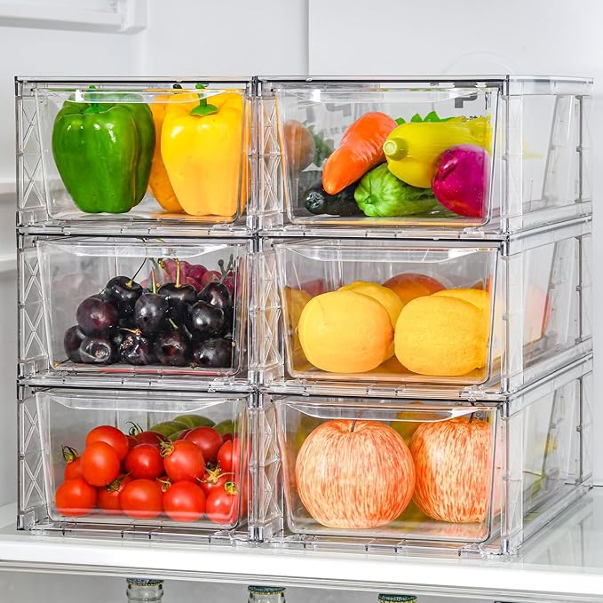 6Pack Pantry Organizers and Storage,Clear Stackable Kitchen Storage Organizer,Foods Organizer Bins with Handles, Easily Assemble for Bathroom, Kitchen, Refrigerator, Pantry, Cabinet, Closet-NeatNest