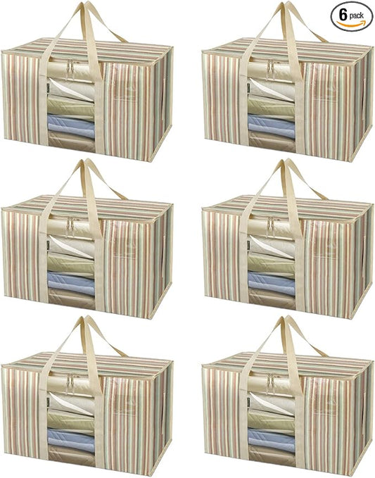 BALEINE 6-Pack Oversized Moving Bags with Reinforced Handles, Heavy-Duty Storage Tote for Clothes, Moving Supplies (Color Stripe with Window, 6-Pack)-NeatNest