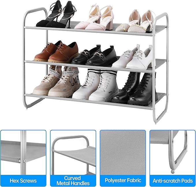 MAX Houser 3-Tier Shoe Rack, Fabric Shoe Shelf for Closet Bedroom Entryway (Light Gray)-NeatNest