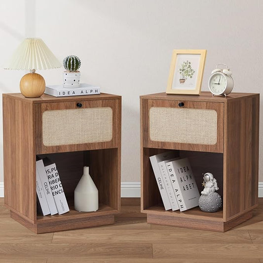 Mid Century Night Stand Set of 2, Modern Nightstand with Drawer & Curved Linen Panel, Farmhouse End Table Wood Bedside Table Small Side Tables for Small Space, Bedroom (Walnut)
